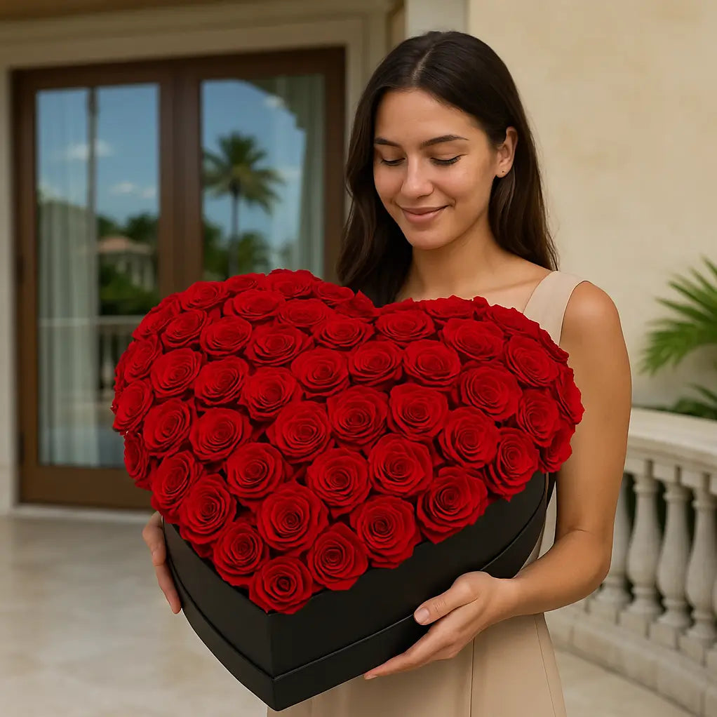 Romantic heart-shaped box “I Love You Forever” filled with red roses — luxury flower gift in Miami