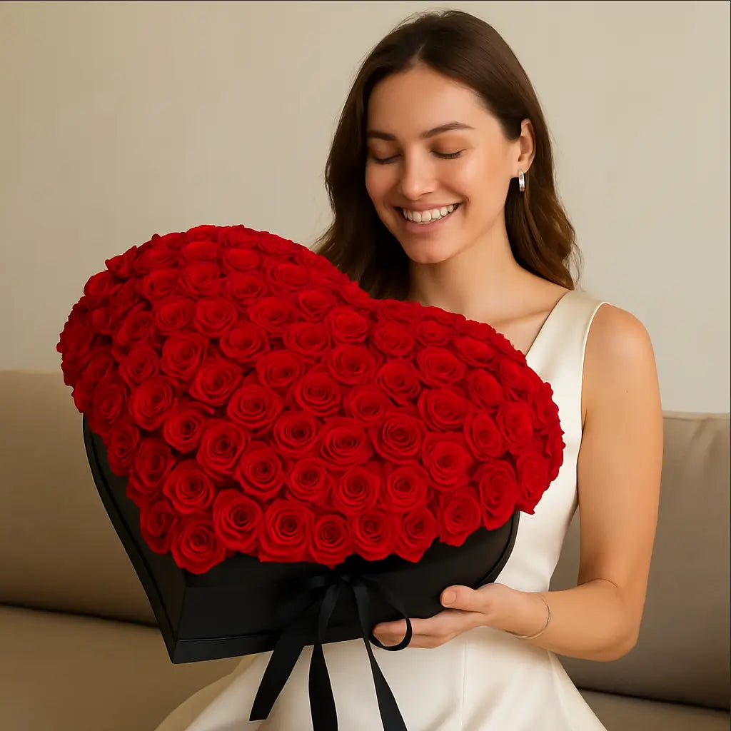 Large heart box with petite red roses and black ribbons — designer flower surprise “I Love You Forever” Miami