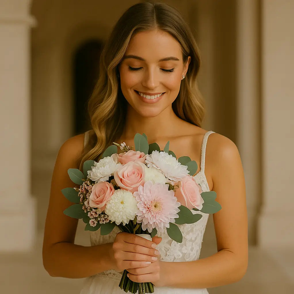 Bridal bouquet with blush chrysanthemums and roses — wedding flower delivery in Miami