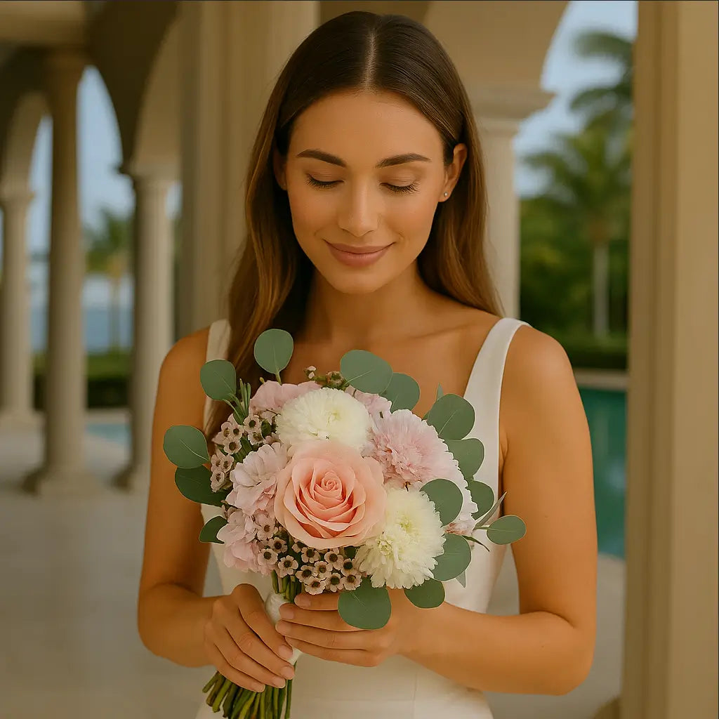 Romantic bouquet with soft pink chrysanthemums and designer wrapping — elegant gift arrangement