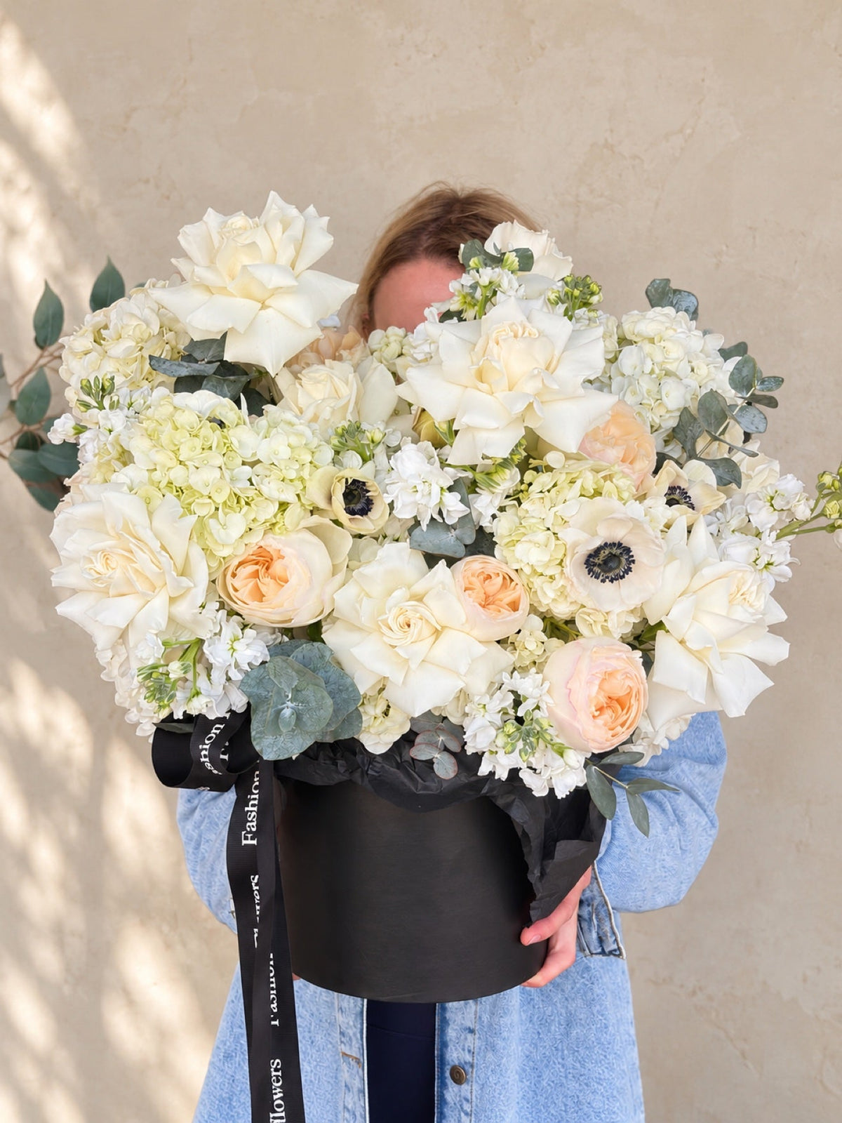 Flower Box Arrangement of roses, hydrangeas, anemones, garden roses, eucalyptus — Ivory Serenade