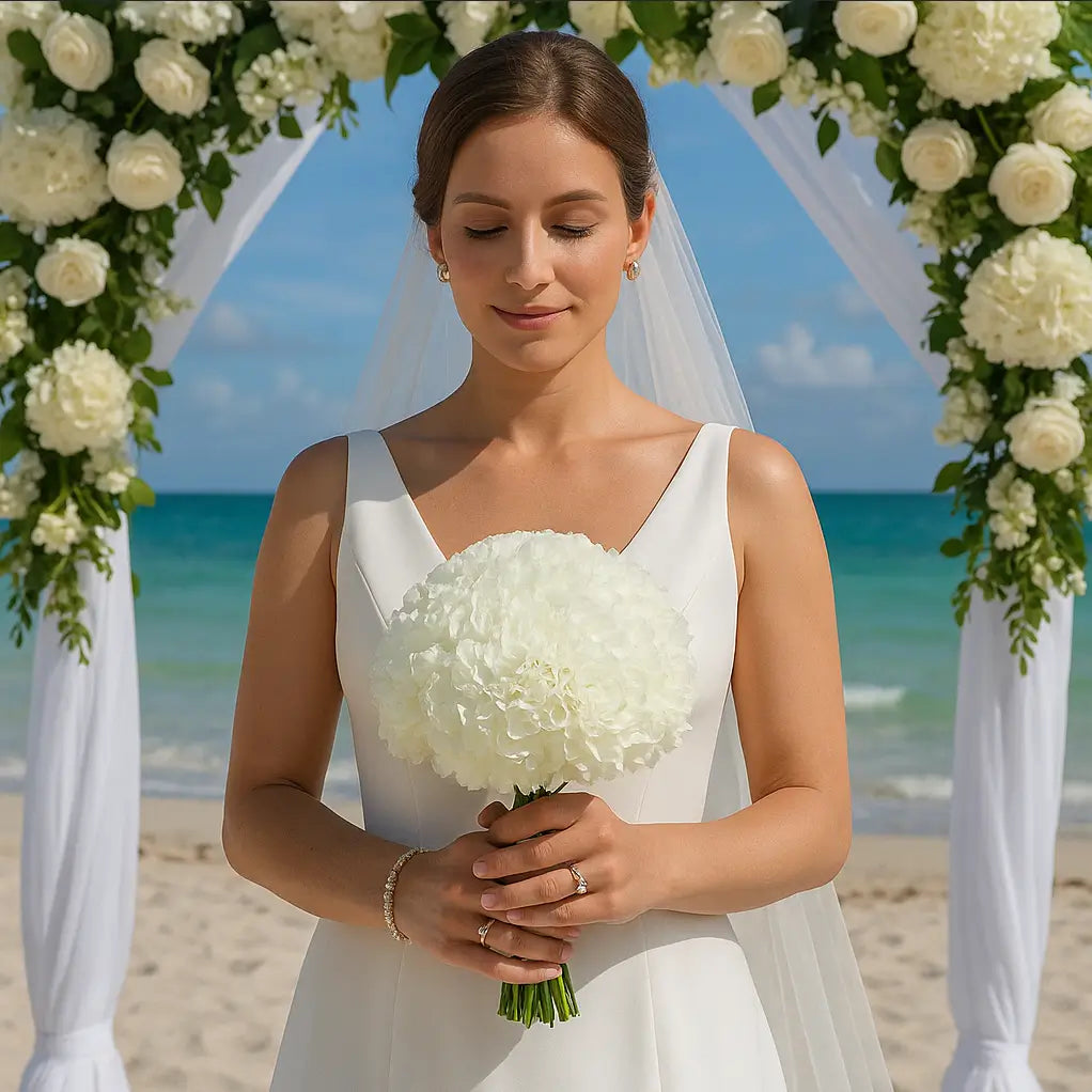 Just Carnation white bridal bouquet clearly visible under beach wedding arch — flower delivery Miami