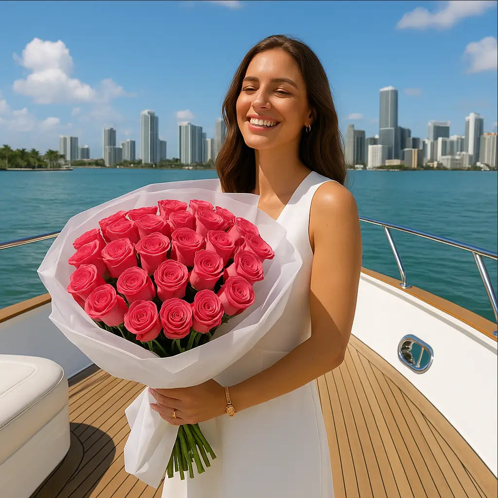 Just Pink Roses hand-tied bouquet with long stem bright pink roses in white wrap — luxury flower delivery Miami