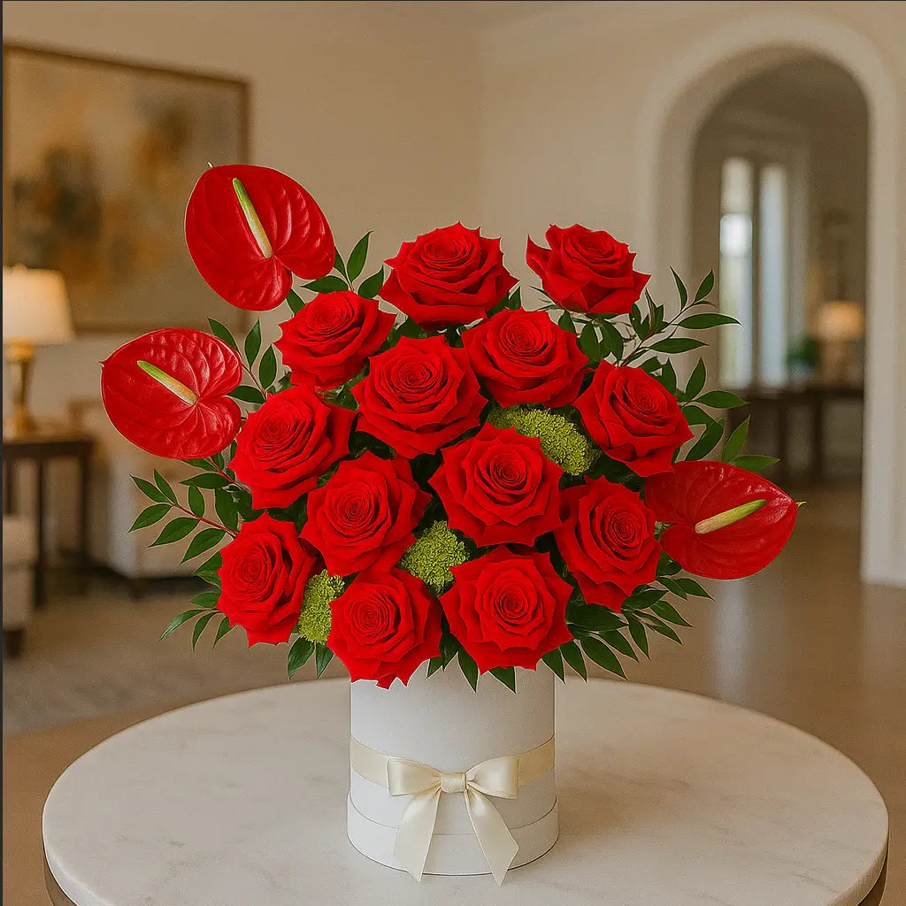 Kiss Me luxury bouquet with red roses and anthuriums in white box — elegant interior flower delivery Miami
