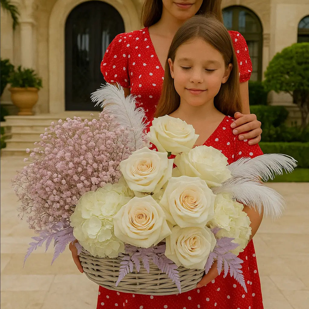 Kiss of Angel in white basket with roses, hydrangeas, gypsophila and feathers — luxury flower delivery Miami