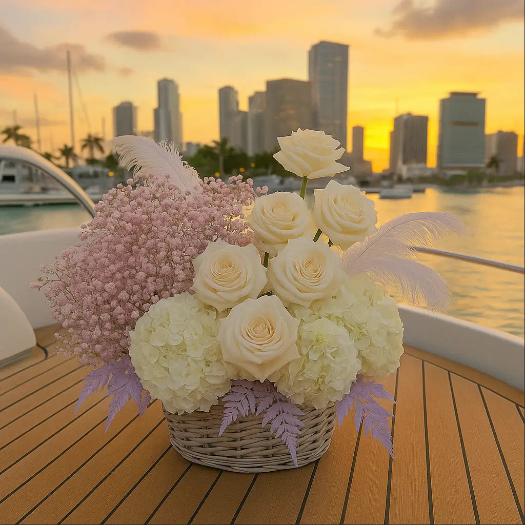 Kiss of Angel floral basket with white roses and hydrangeas at sunset on a yacht — flower delivery Miami