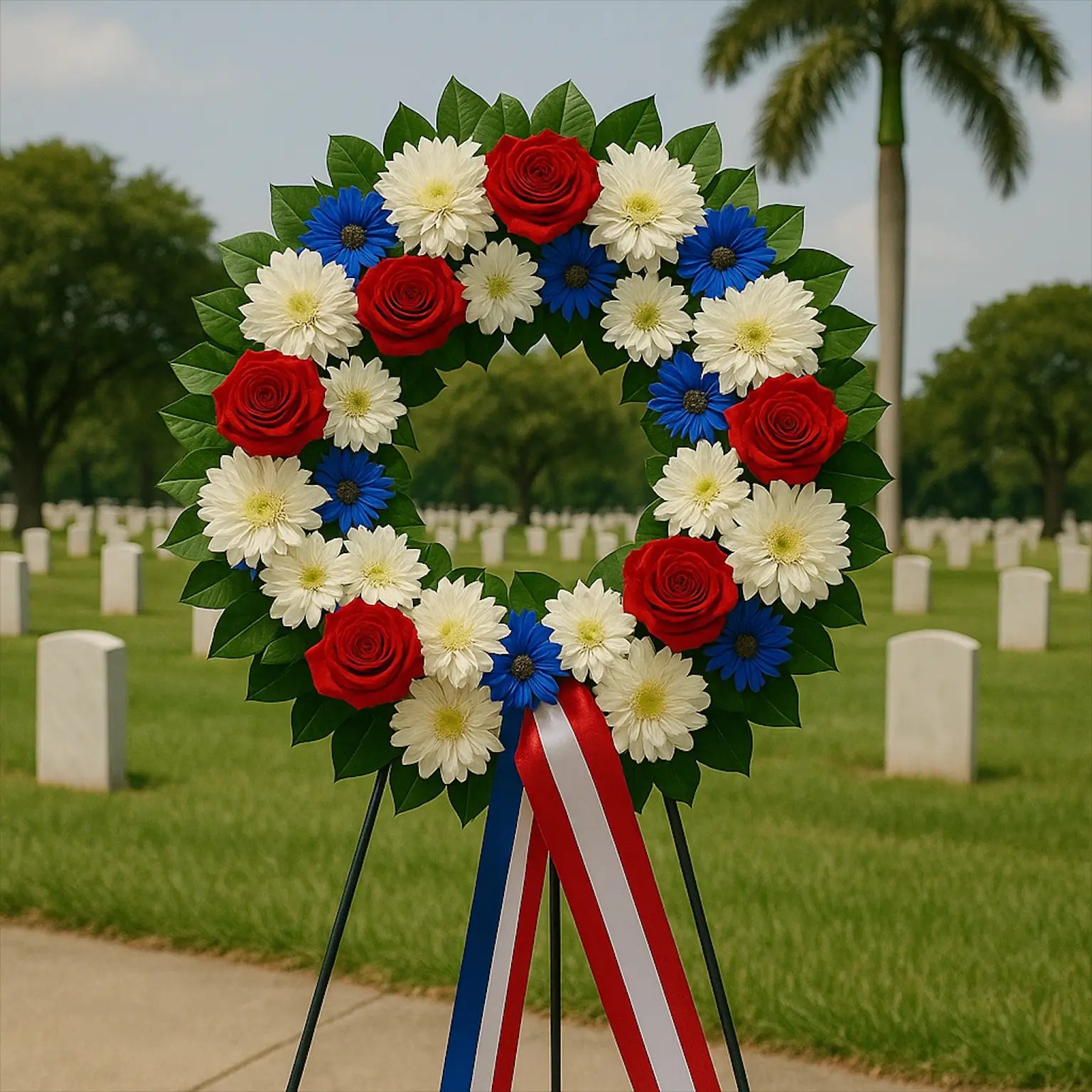 Classic patriotic wreath with daisies and roses for Memorial Day in Miami — by Miami Flower Delivery
