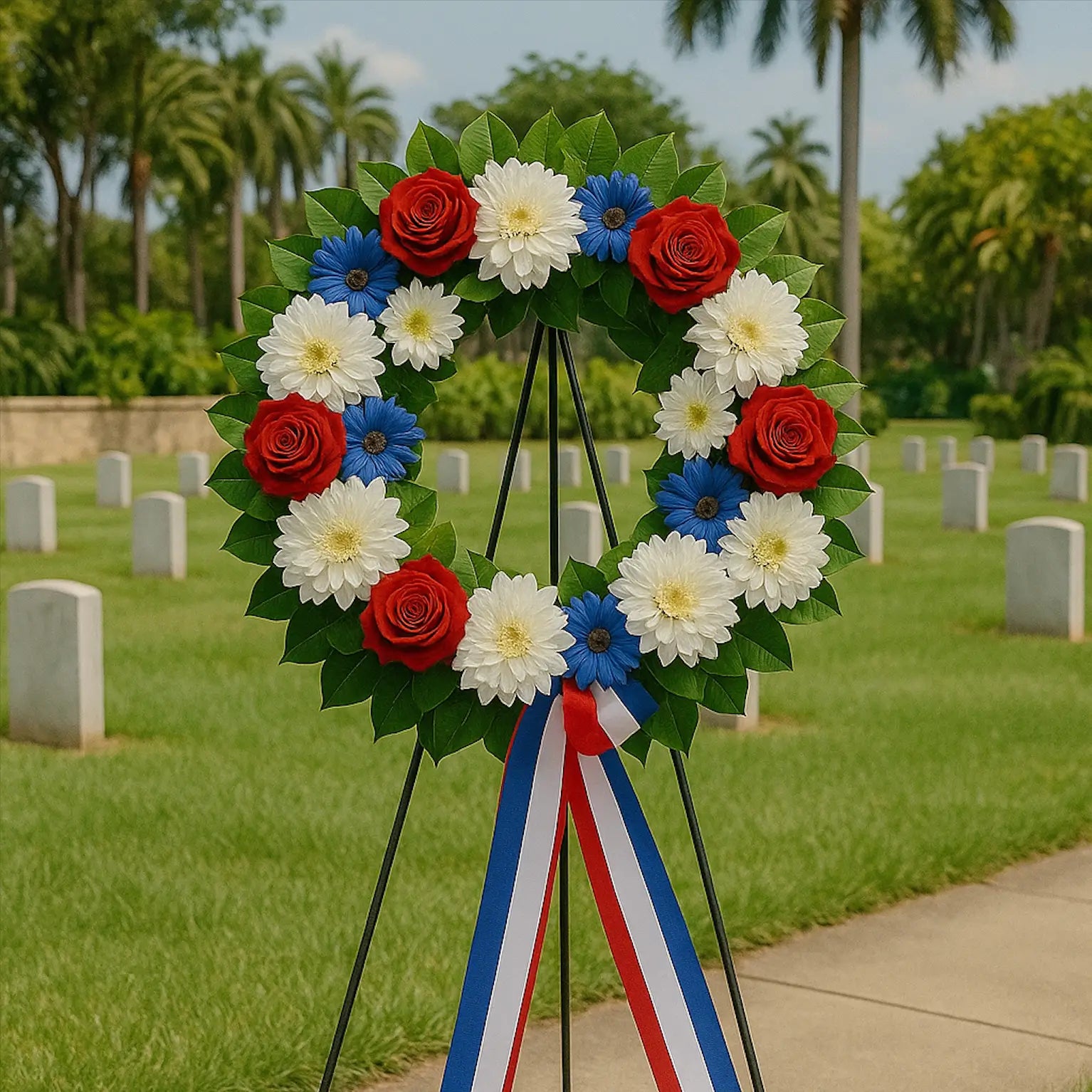 Patriotic wreath with red roses and blue daisies for Memorial Day in Miami — delivered by Miami Flower Delivery