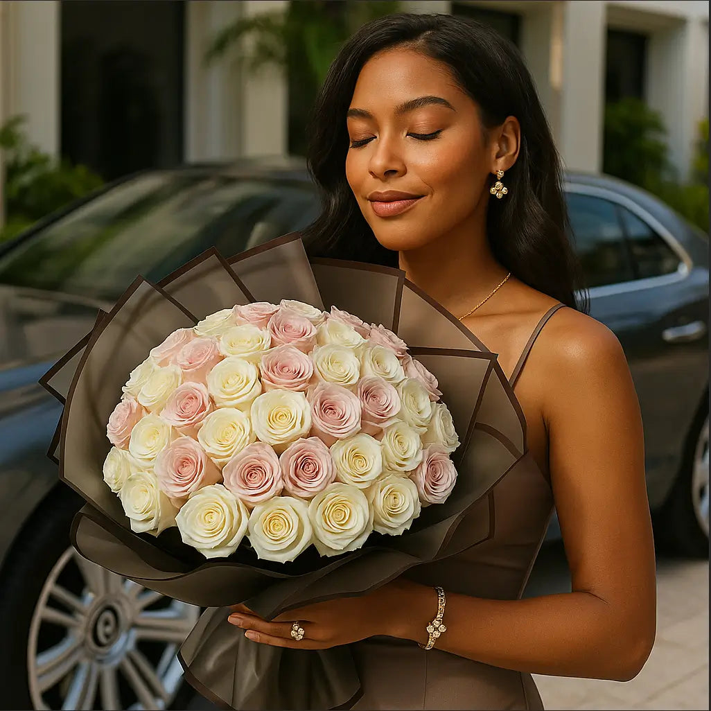Elegant pastel rose bouquet “Lilac Tenderness” with luxury wrap near Bentley — designer flower delivery Miami