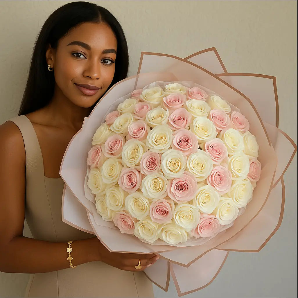 Luxury bouquet “Let Me Think” with pink and red roses, model in jewelry near Bentley and yacht — Miami flower delivery