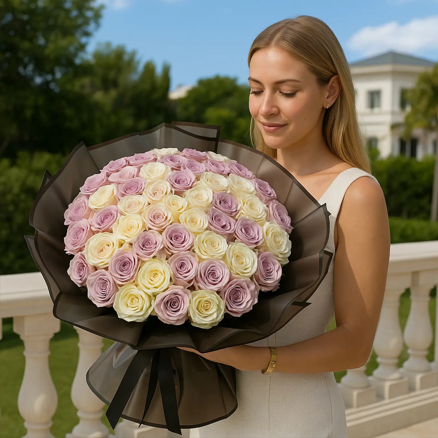Lilac Tenderness luxury bouquet with white and pastel roses — hand-tied floral gift in white elegance