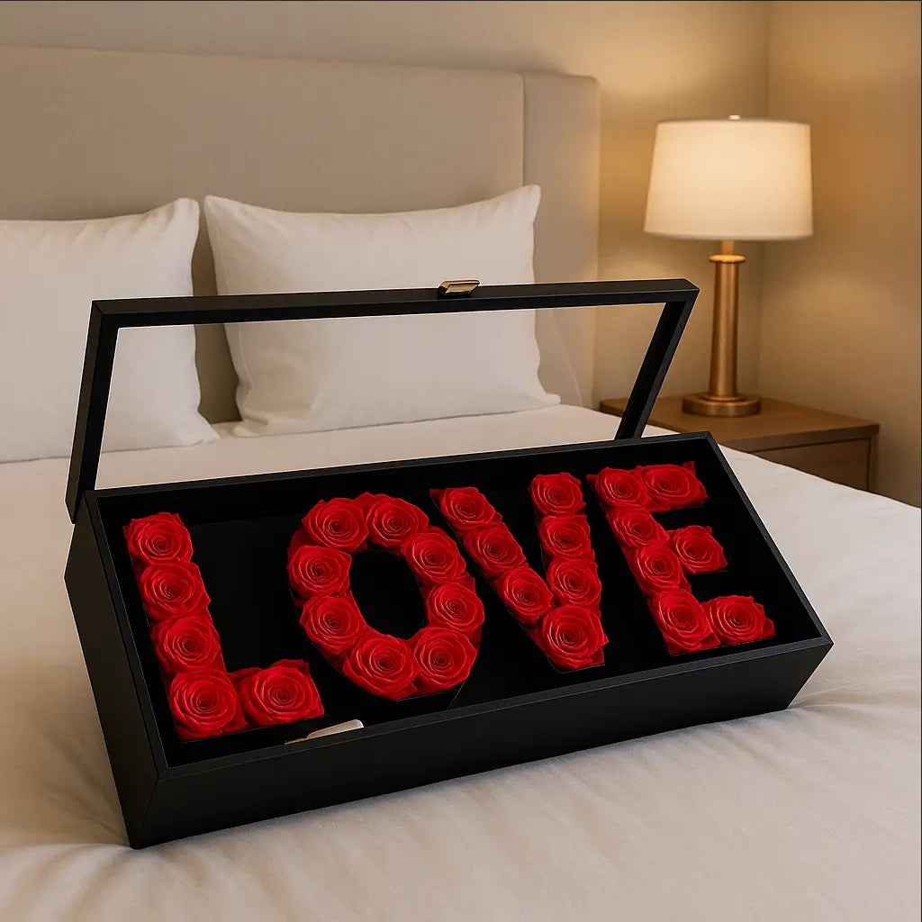 Designer LOVE box with fresh red roses on a hotel bed — luxury floral surprise in Miami