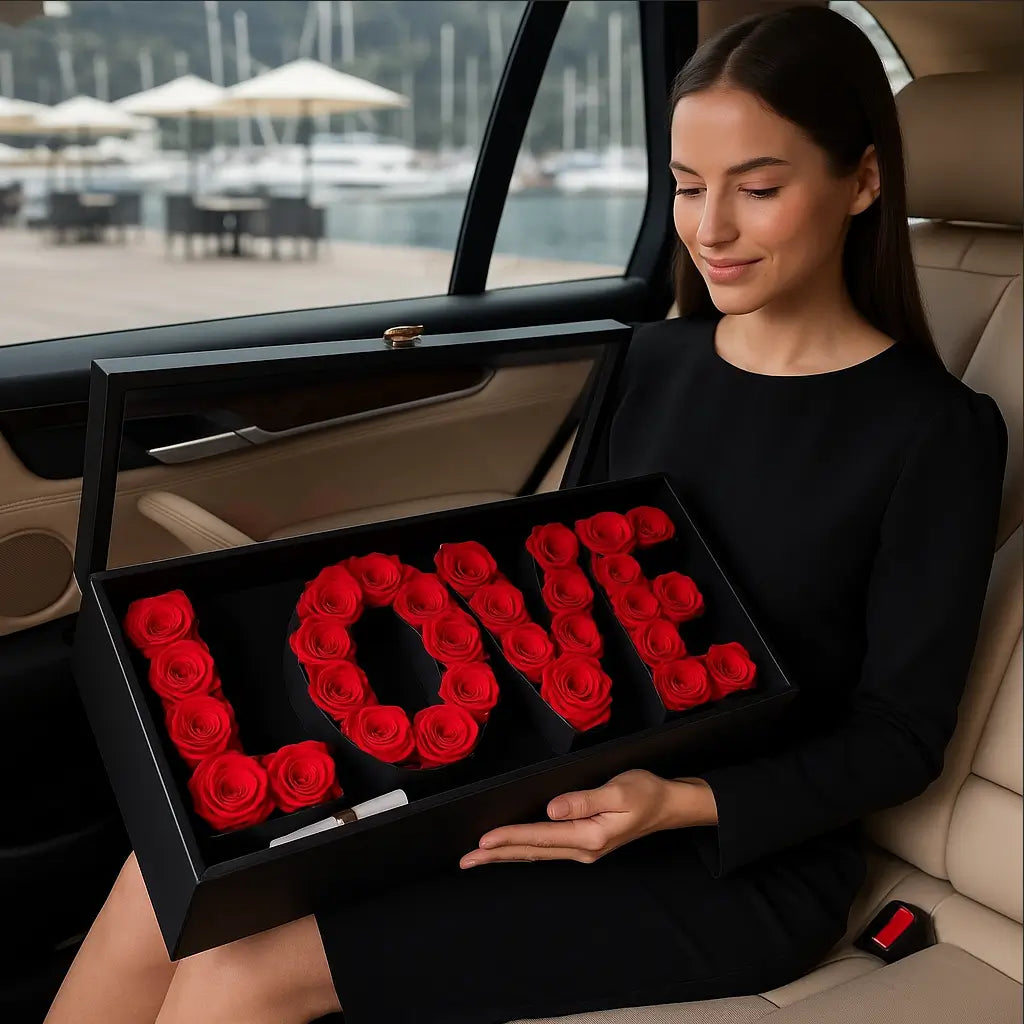 LOVE box with red roses in luxury black case — romantic flower gift delivery in Miami