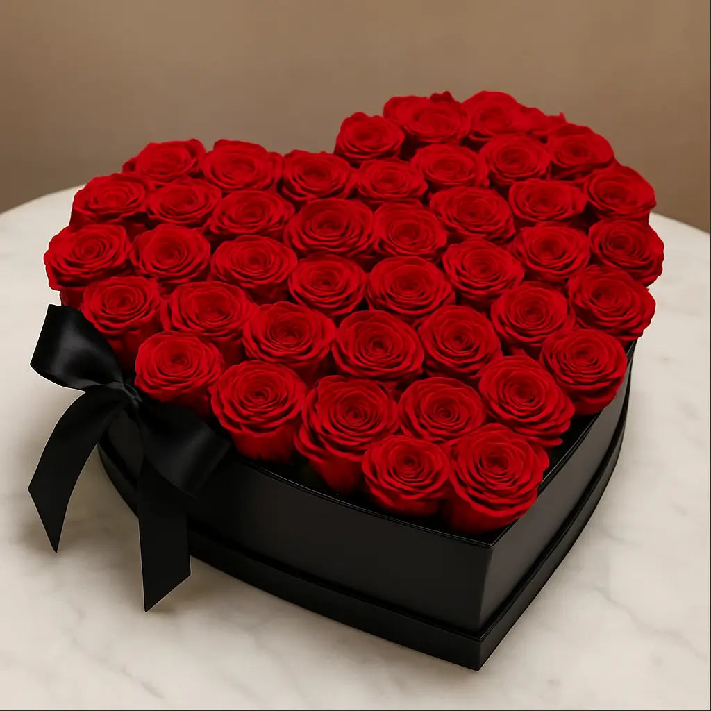 Heart-shaped designer box filled with red roses on marble — LOVE YOU flower gift delivery in Miami