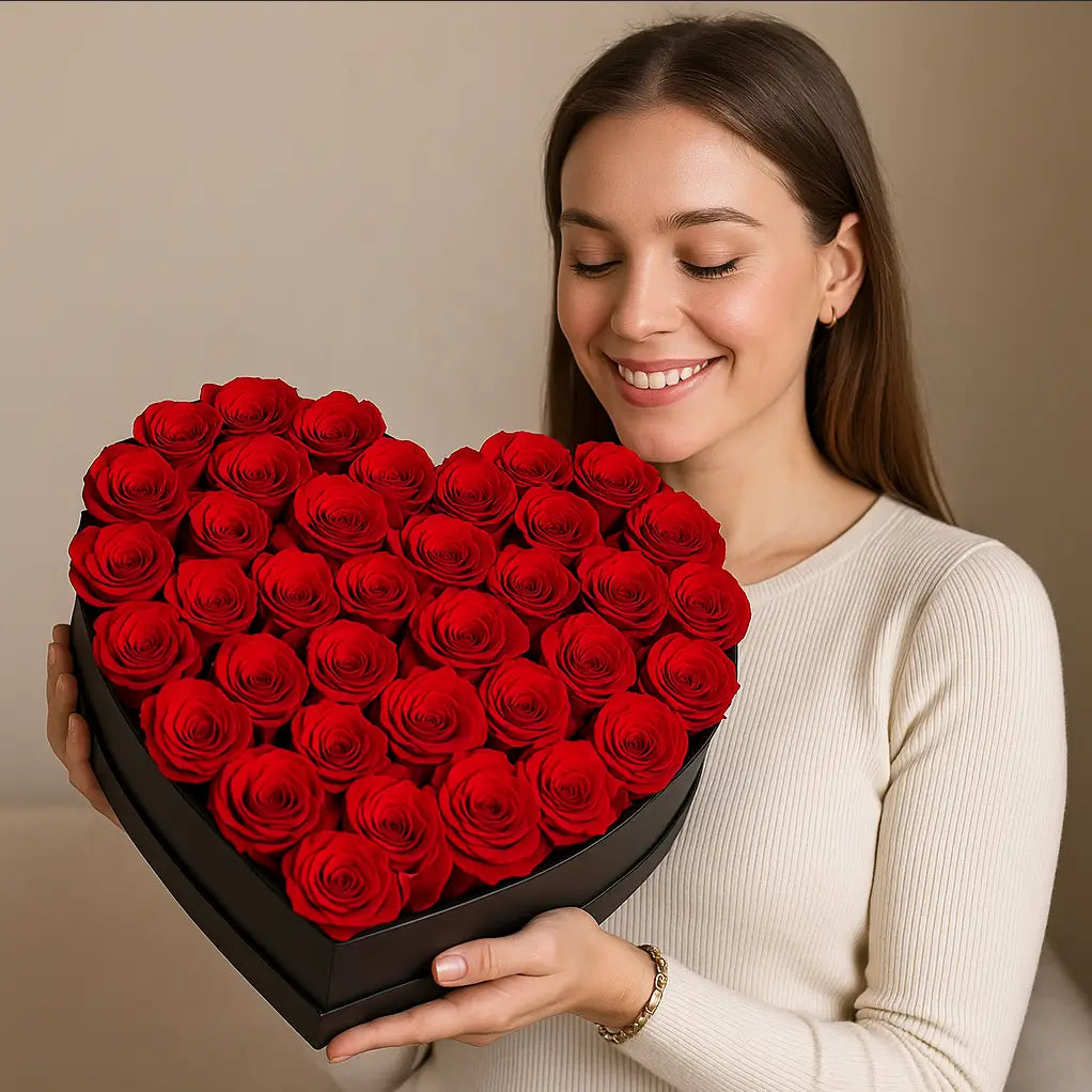 Square photo of heart box with red roses and happy woman — premium flower box delivery Miami