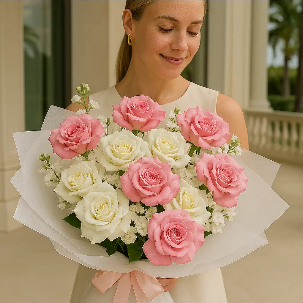  Lush Hugs bouquet with vibrant pink and ivory roses — luxury bouquet delivery Miami