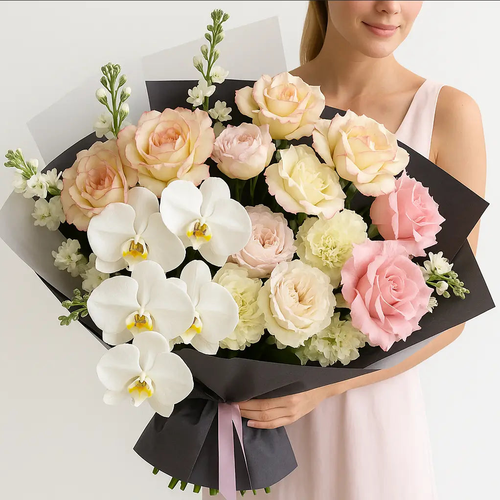Elegant hand-tied bouquet “Luxurious Blooms Medley” with white orchids and roses — luxury flower delivery in Miami