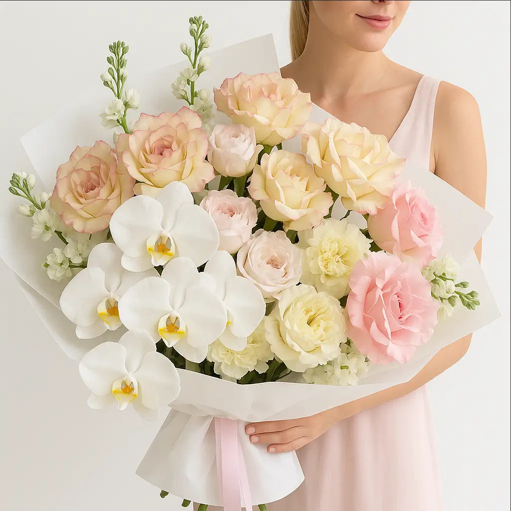 Luxurious bouquet “Blooms Medley” with orchids and pastel roses wrapped in white — premium flower delivery Miami
