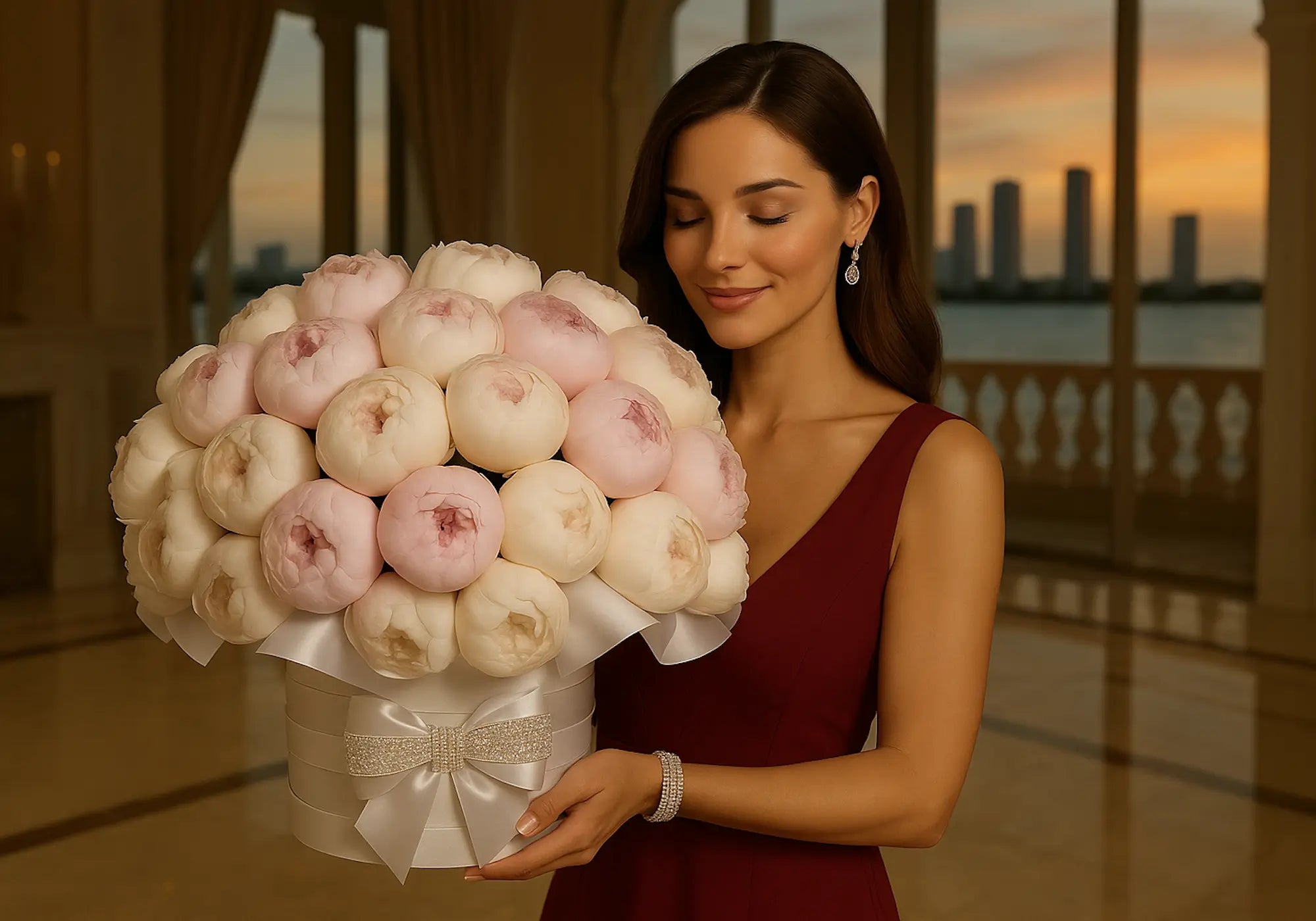 Luxury peony hatbox bouquet in blush and white tones held by elegant woman at sunset — flower delivery Miami 