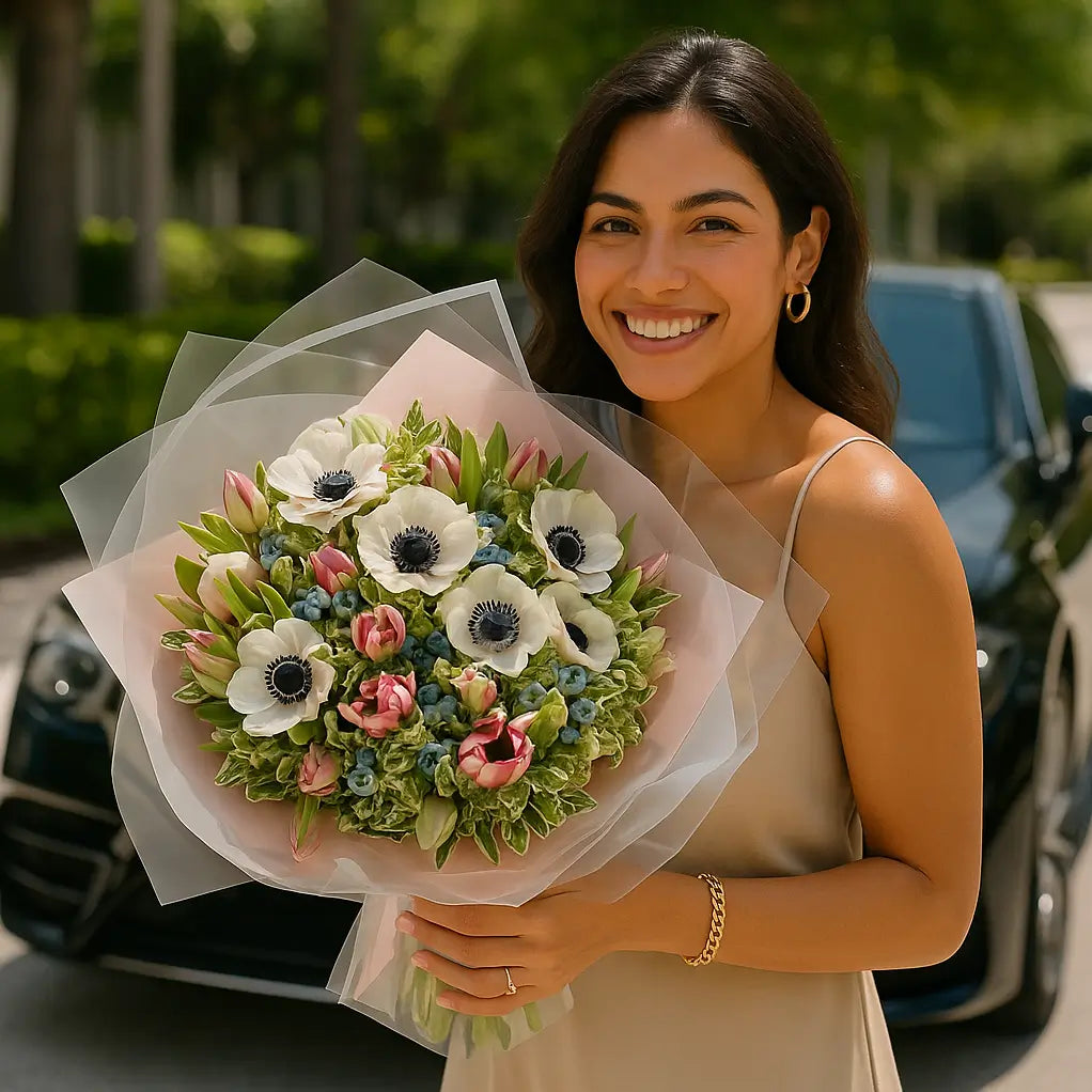 Melody of Love bouquet with white anemones held by smiling Hispanic woman near luxury car — flower delivery Miami