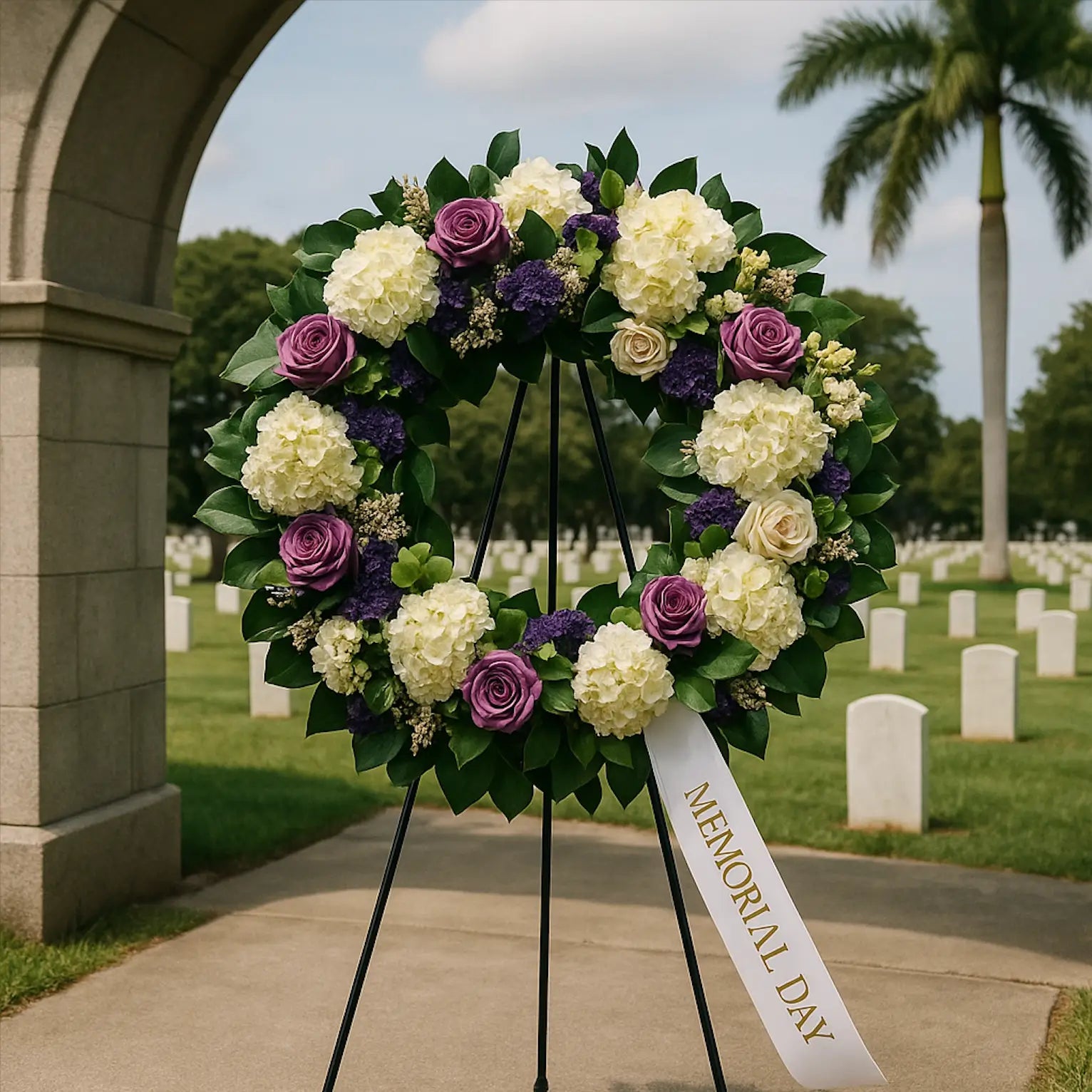Luxury Memorial Day wreath on granite base with tropical backdrop — Miami Flower Delivery tribute arrangement