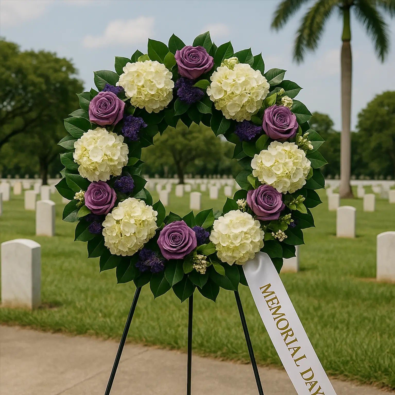 Memorial Day floral wreath with hydrangeas and purple roses in Miami cemetery — elegant delivery by Miami Flower Delivery