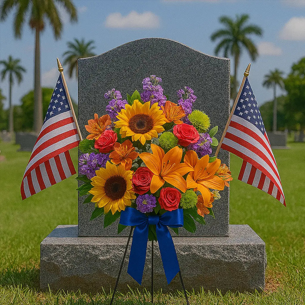 Memorial Day flower arrangement with sunflowers, roses, and lilies at headstone — Miami Flower Delivery cemetery decor