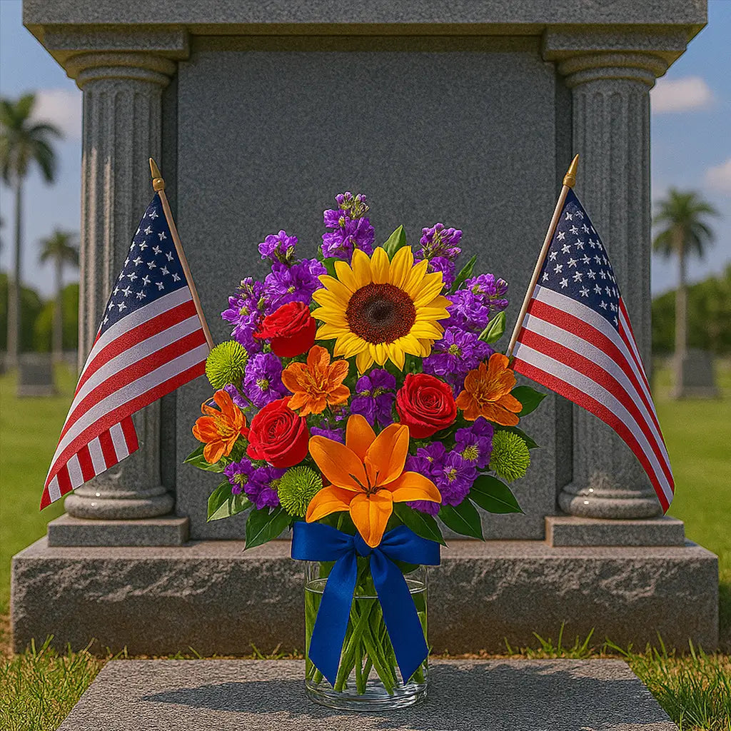 Patriotic Memorial Day bouquet with sunflowers and lilies on granite tombstone — tropical cemetery tribute by Miami Flower Delivery