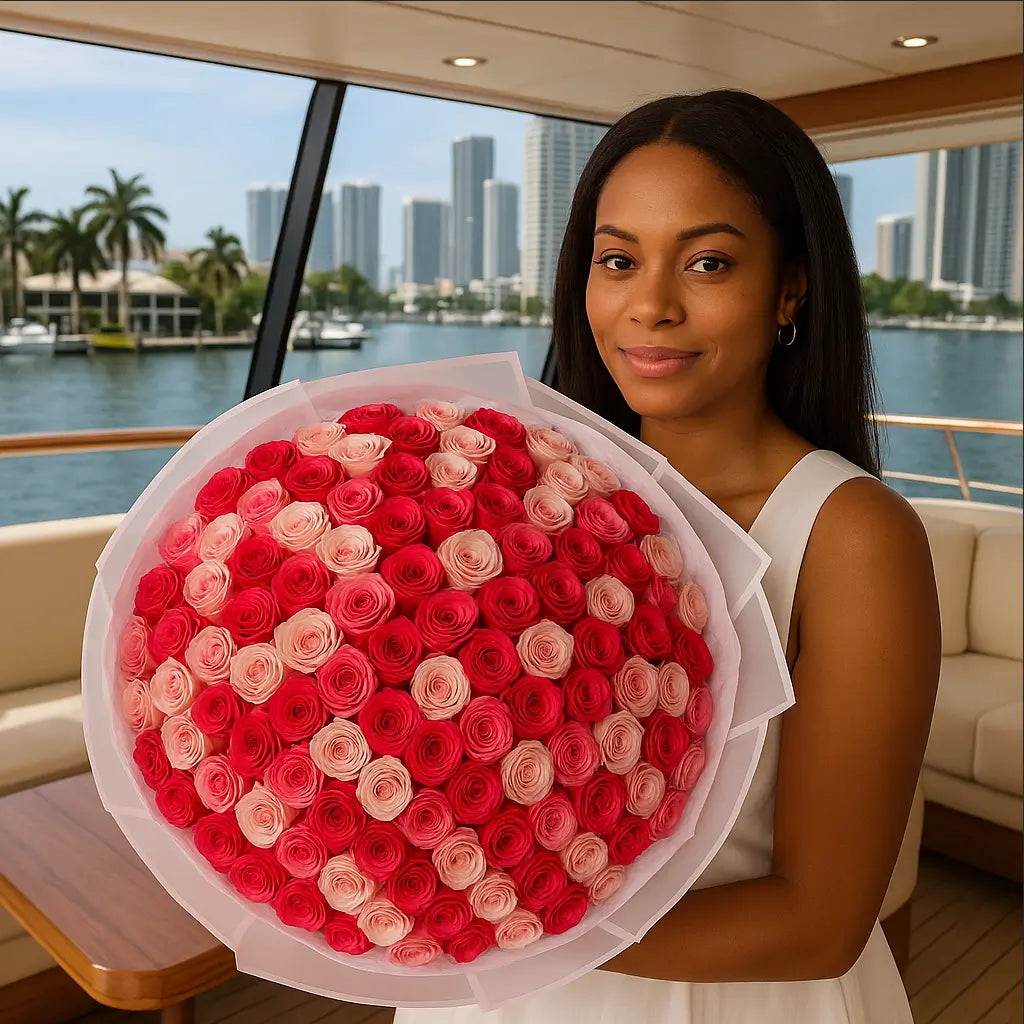 Mix of Pink bouquet with 200 mini red, blush and soft pink roses — romantic flower delivery Miami