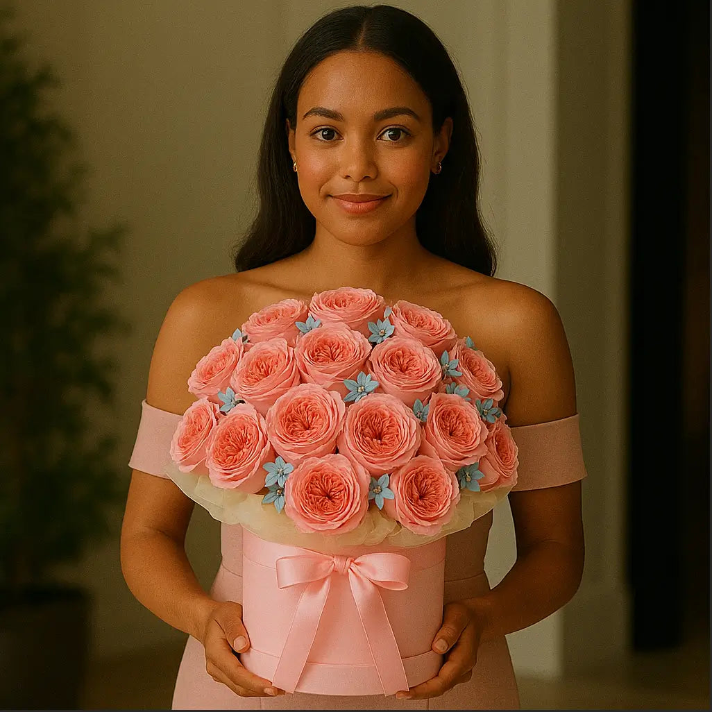 ALT-текст: Luxury Mona Lisa bouquet in soft pink hatbox with blue flowers held by elegant woman — premium Miami flowers