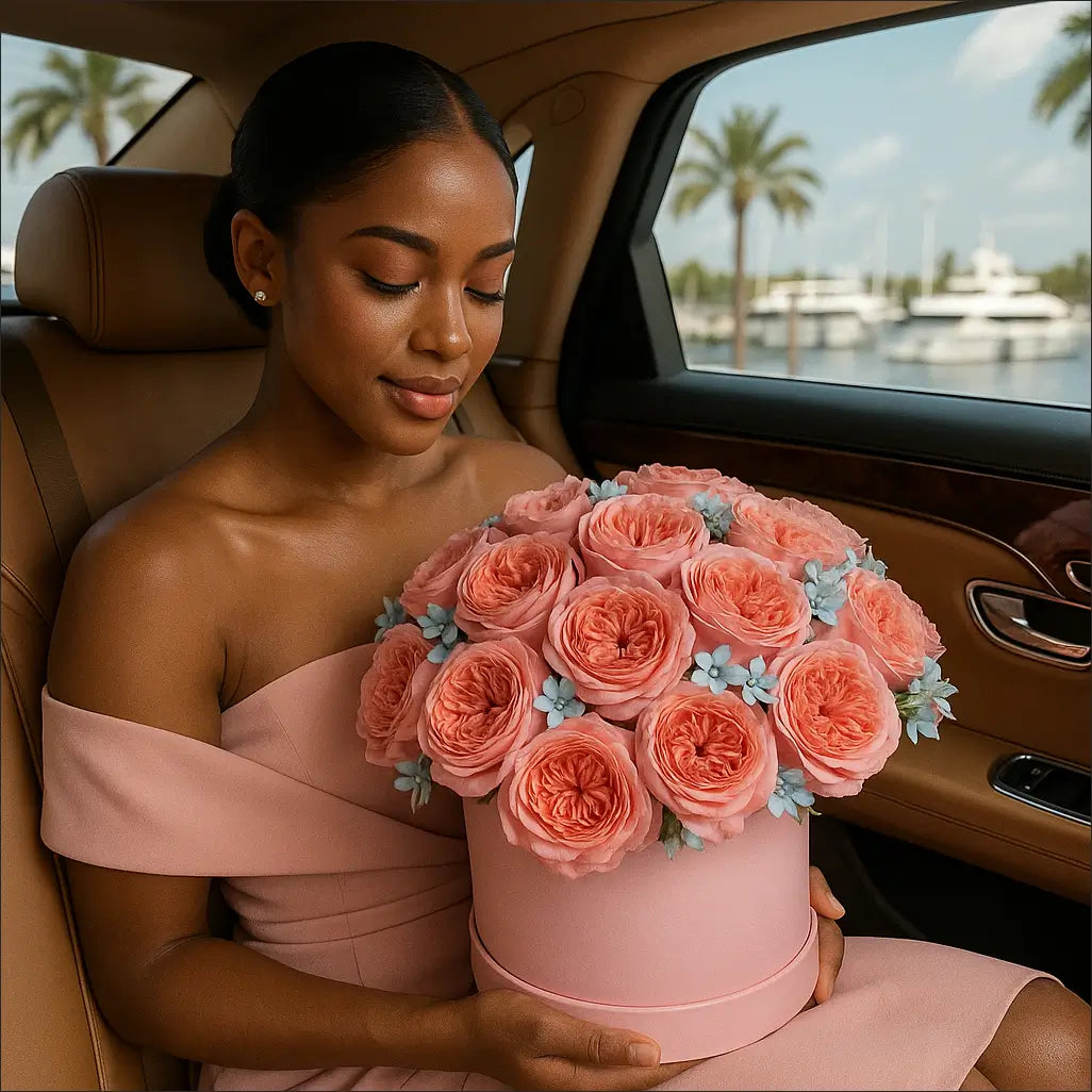 ona Lisa luxury bouquet of soft pink roses in a hatbox held by an elegant woman in Bentley — Miami premium flowers