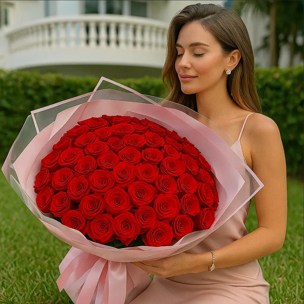 Nina bouquet of 100 red roses in pink and transparent wrap held by elegant woman in luxury garden — Miami gift