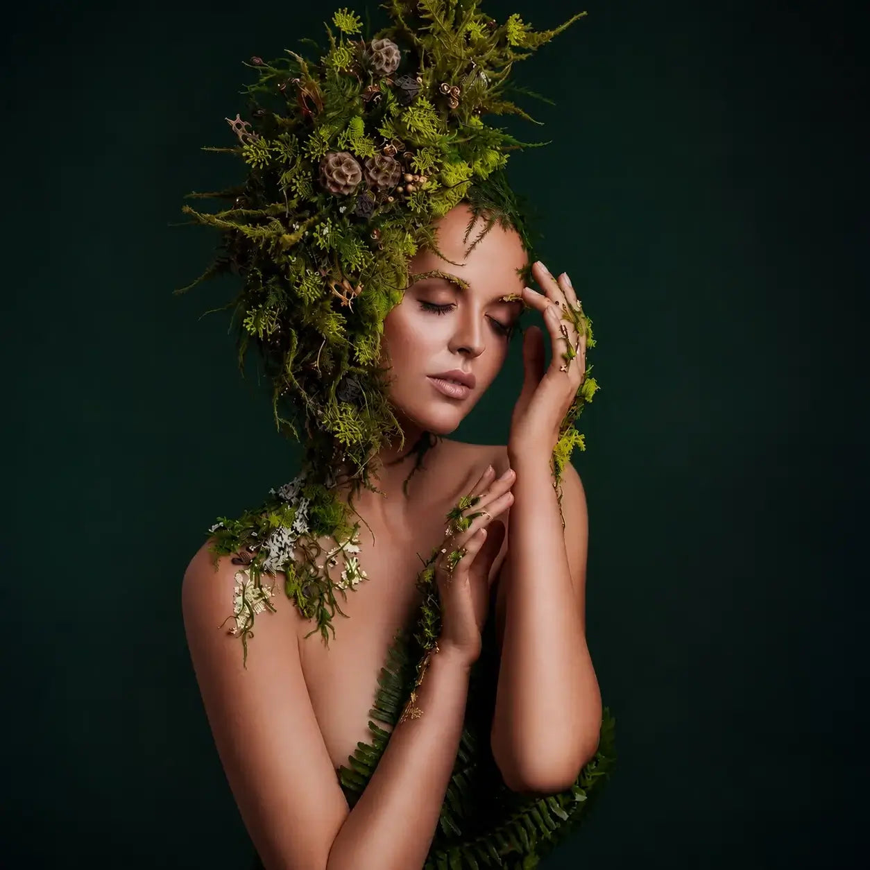 Nymph botanical wearable floral sculpture with moss and fern luxury floral art by Miami Flower Delivery