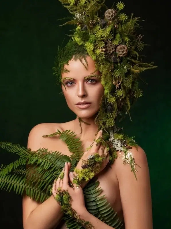 Nymph luxury wearable floral art featuring moss, fern and botanical couture design by Miami Flower Delivery