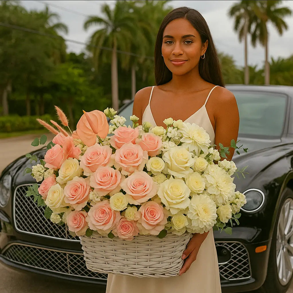 Ocean of Love flower basket in pastel tones held by elegant woman near black Bentley — luxury outdoor gifting Miami