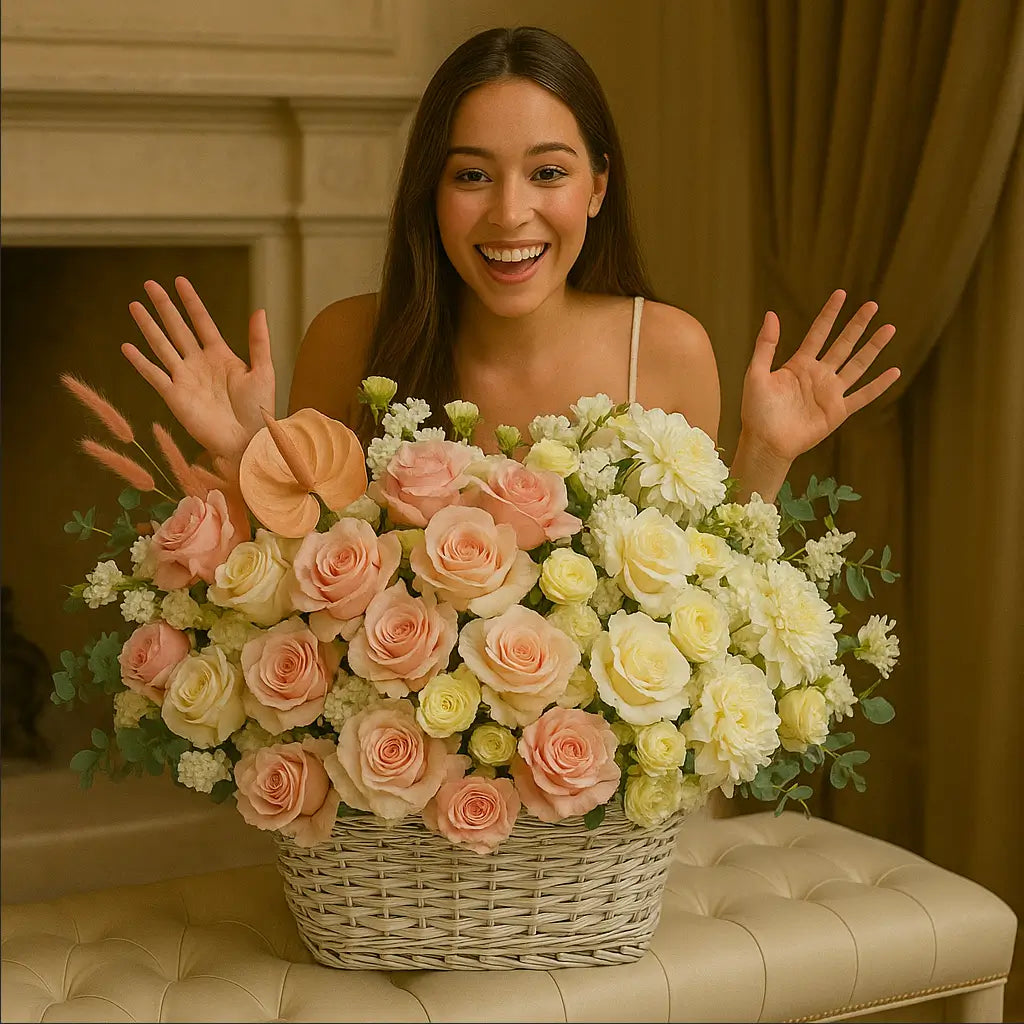 Ocean of Love luxury floral basket with soft pink and white blooms beside joyful elegant woman — Miami premium flowers