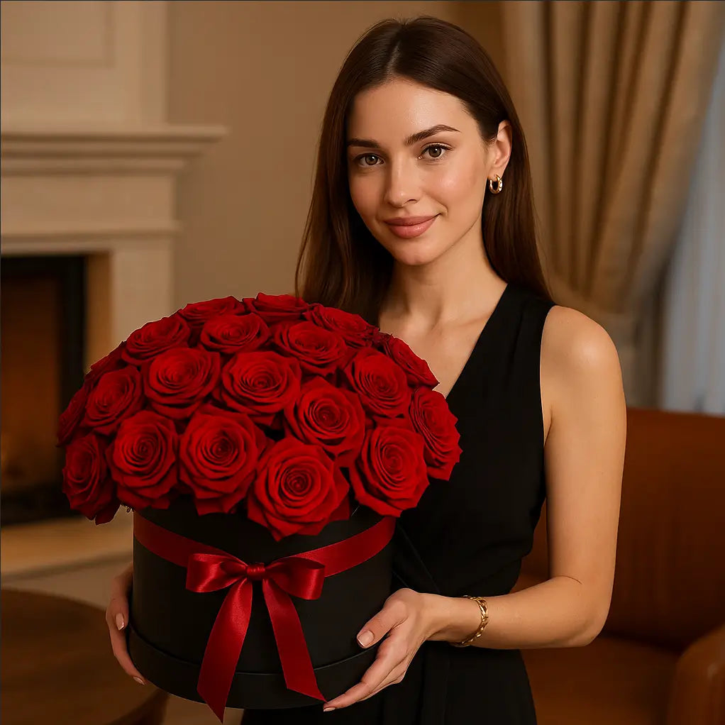 Only Love bouquet of red roses in black box with ribbon held by elegant woman in luxury interior — romantic gift Miami