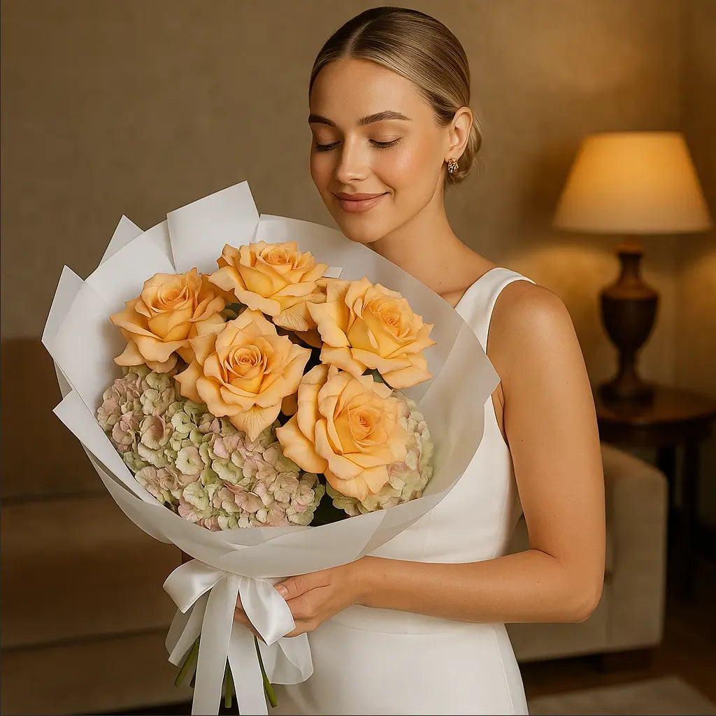 Orange Mood bouquet with peach roses and pastel hydrangeas in white wrap held by elegant woman — luxury floral Miami
