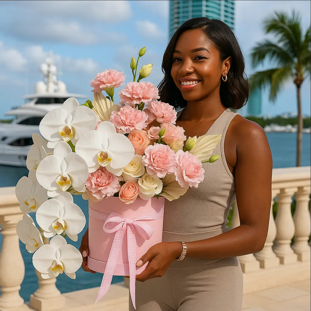 Orchids Garden in designer box with cascading orchids and pink flowers near yacht marina — flower delivery Miami