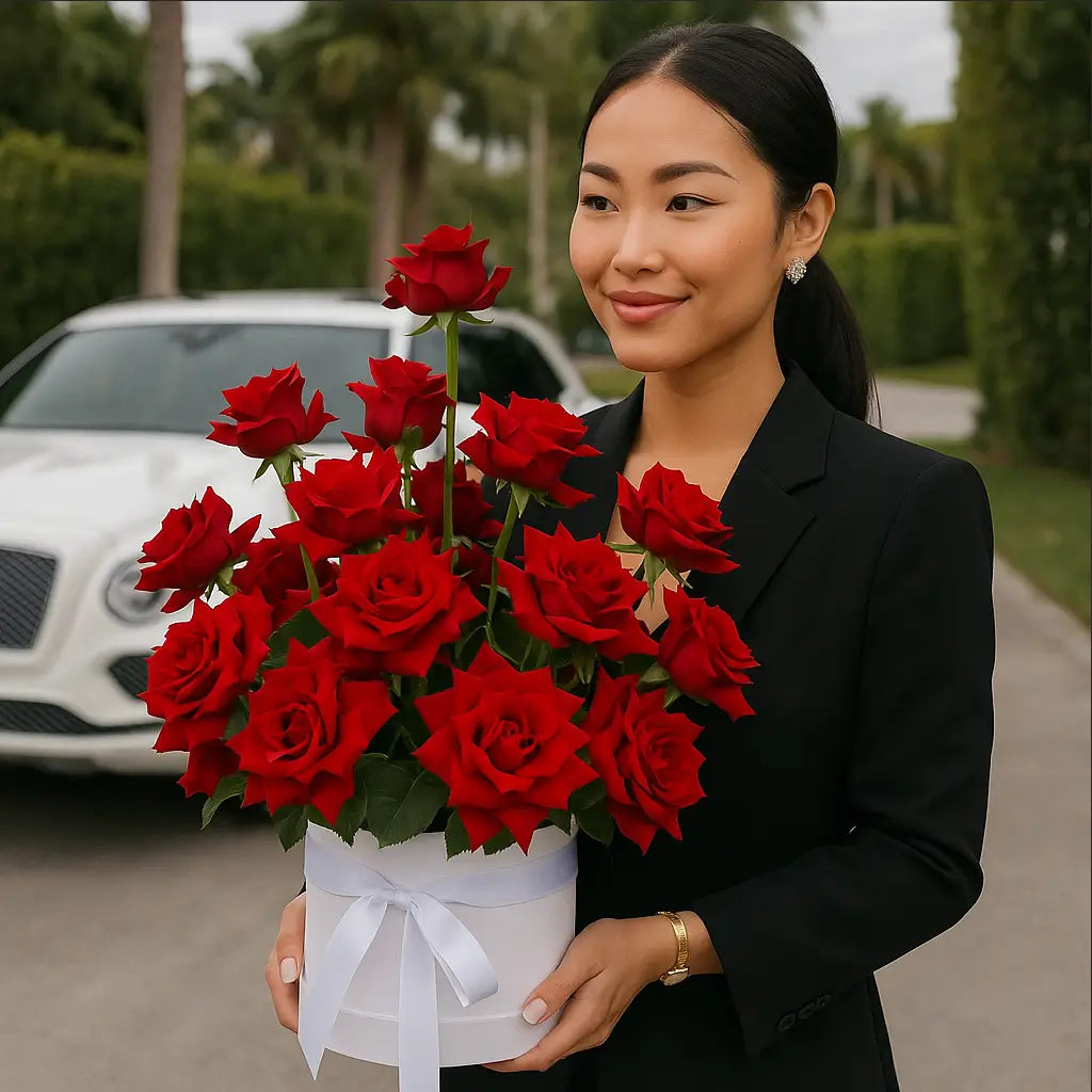 Passionate Love bouquet of red roses in a white designer box held by elegant woman near Bentley — luxury gift in Miami