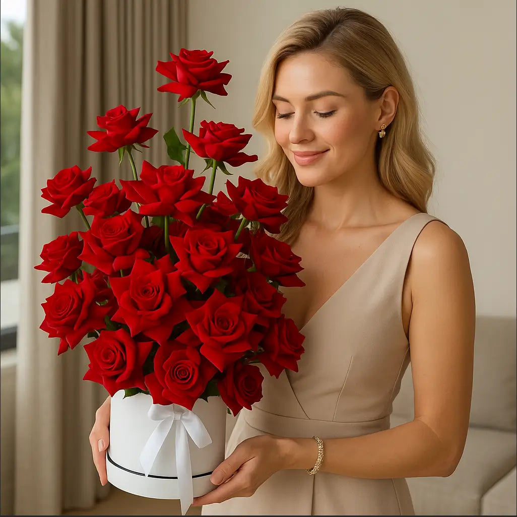 Passionate Love bouquet of vivid red roses in white box with ribbon held by smiling blonde woman — luxury floral Miami