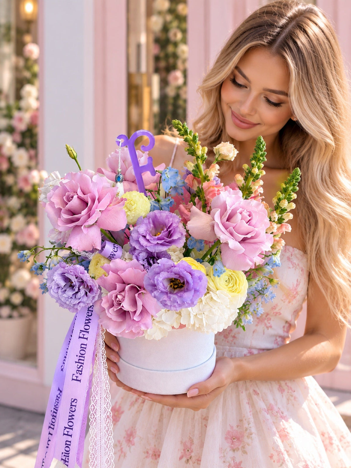 Pastel Reverie: purple roses, lisianthus, ranunculus, hydrangeas, delphinium, snapdragons in a flower box arrangement