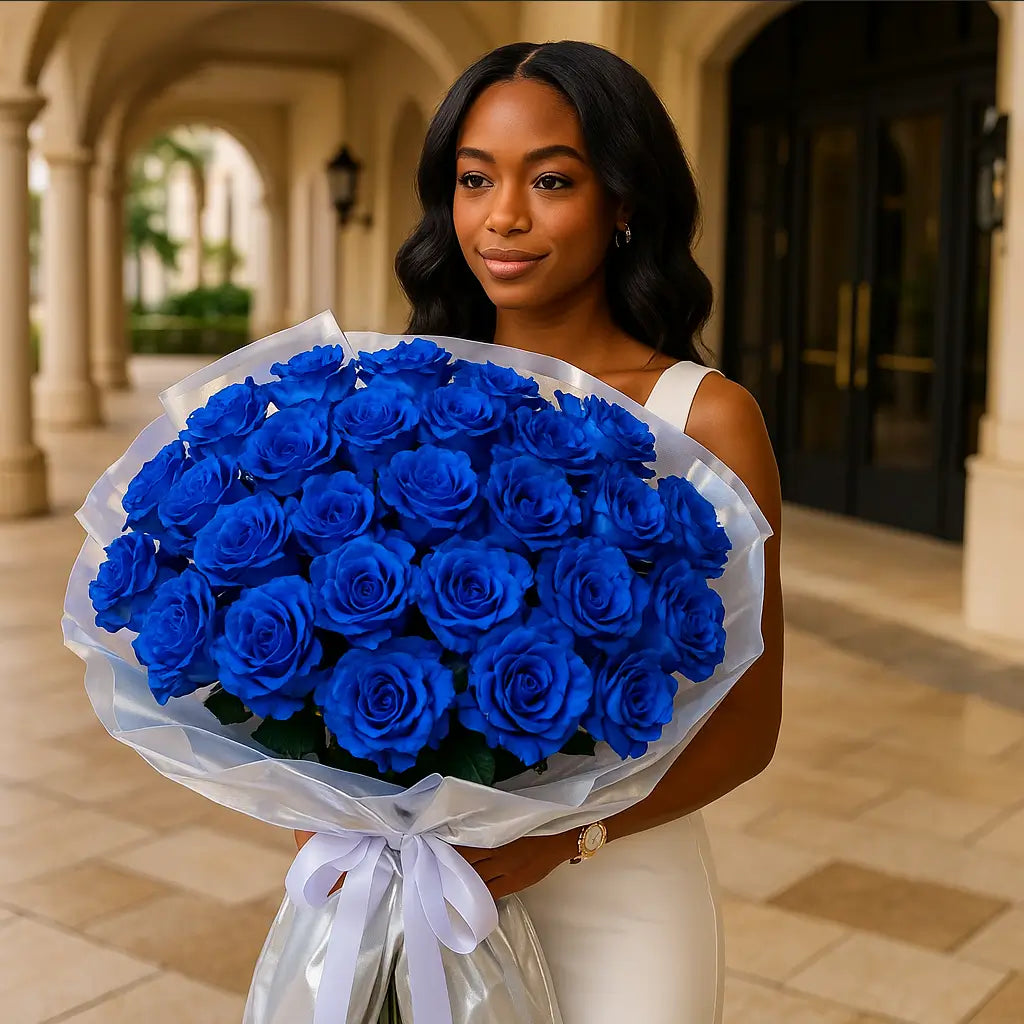 Oversized bouquet of vibrant open blue roses in silver and sheer wrap — luxury flower delivery Miami