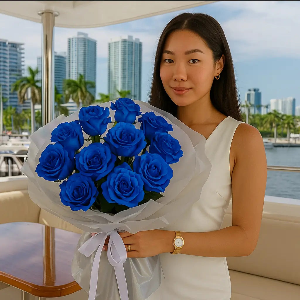 Vibrant bouquet of open blue roses wrapped in iridescent silver and sheer white paper — luxury Miami flower delivery