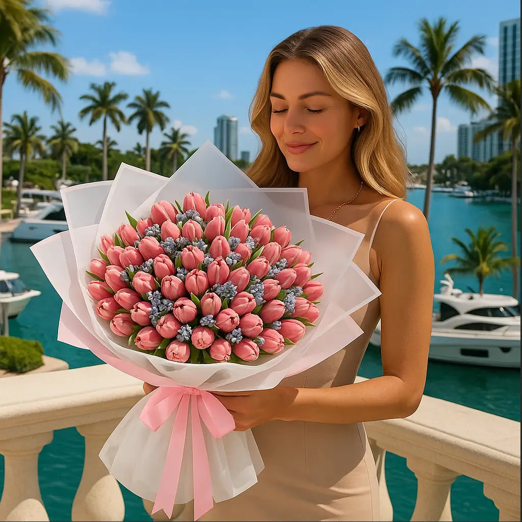 ink and Blue Serenity tulip bouquet with white wrap and soft ribbon — luxury flower delivery in Miami marina