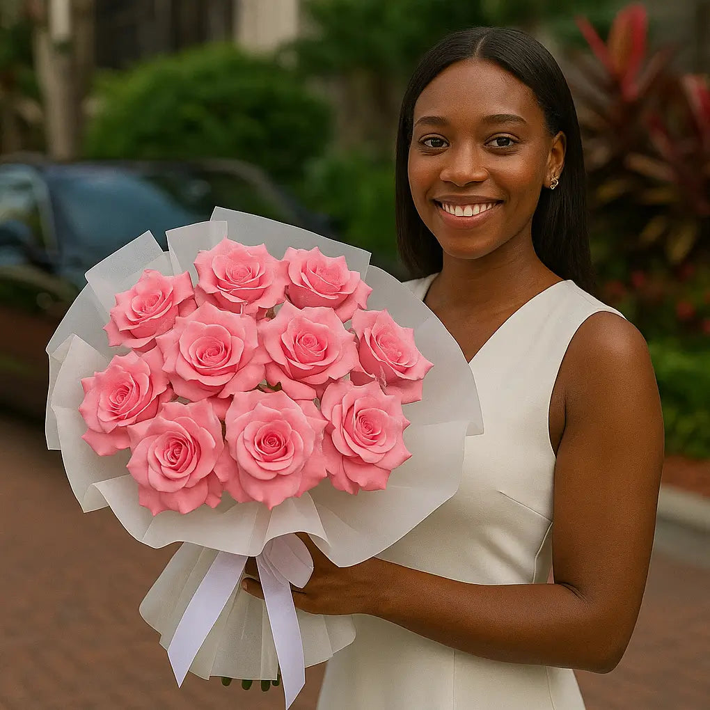 Voluminous hand-tied bouquet “Pink Bird” with soft pink roses and white wrap near luxury car — flower delivery Miami