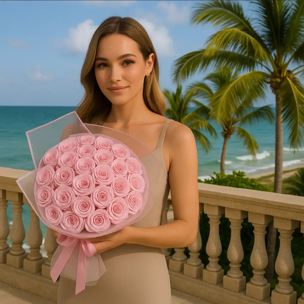 Elegant hand-tied bouquet of 25 small pink garden roses in transparent wrap on a villa balcony — Miami flower delivery