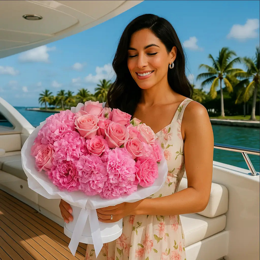 Pink Wonderland bouquet with soft pink roses and hydrangeas held by smiling Spanish woman on a yacht — Miami flower delivery