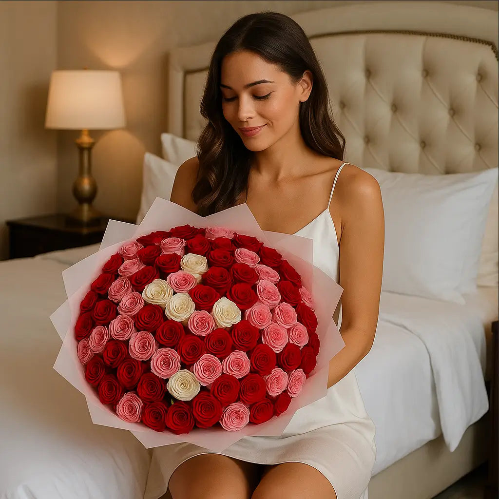 Pretty Mix bouquet with red, pink, and white roses held by a woman on bed in luxury bedroom — flower delivery Miami