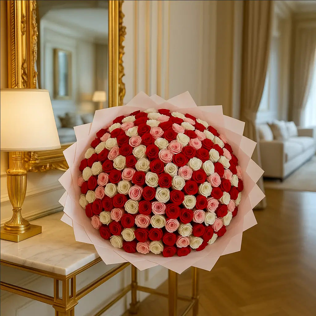 Pretty Mix bouquet of 200 roses in white, pink, and red on marble table in elegant bedroom — luxury flower Miami